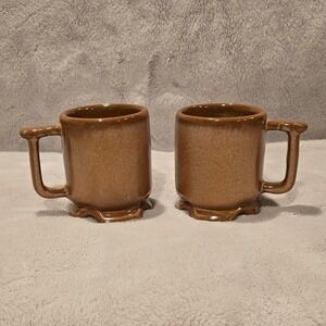 Vintage Frankoma Brown Stoneware Mini Mug Set Scalloped Base MCM 2.75"